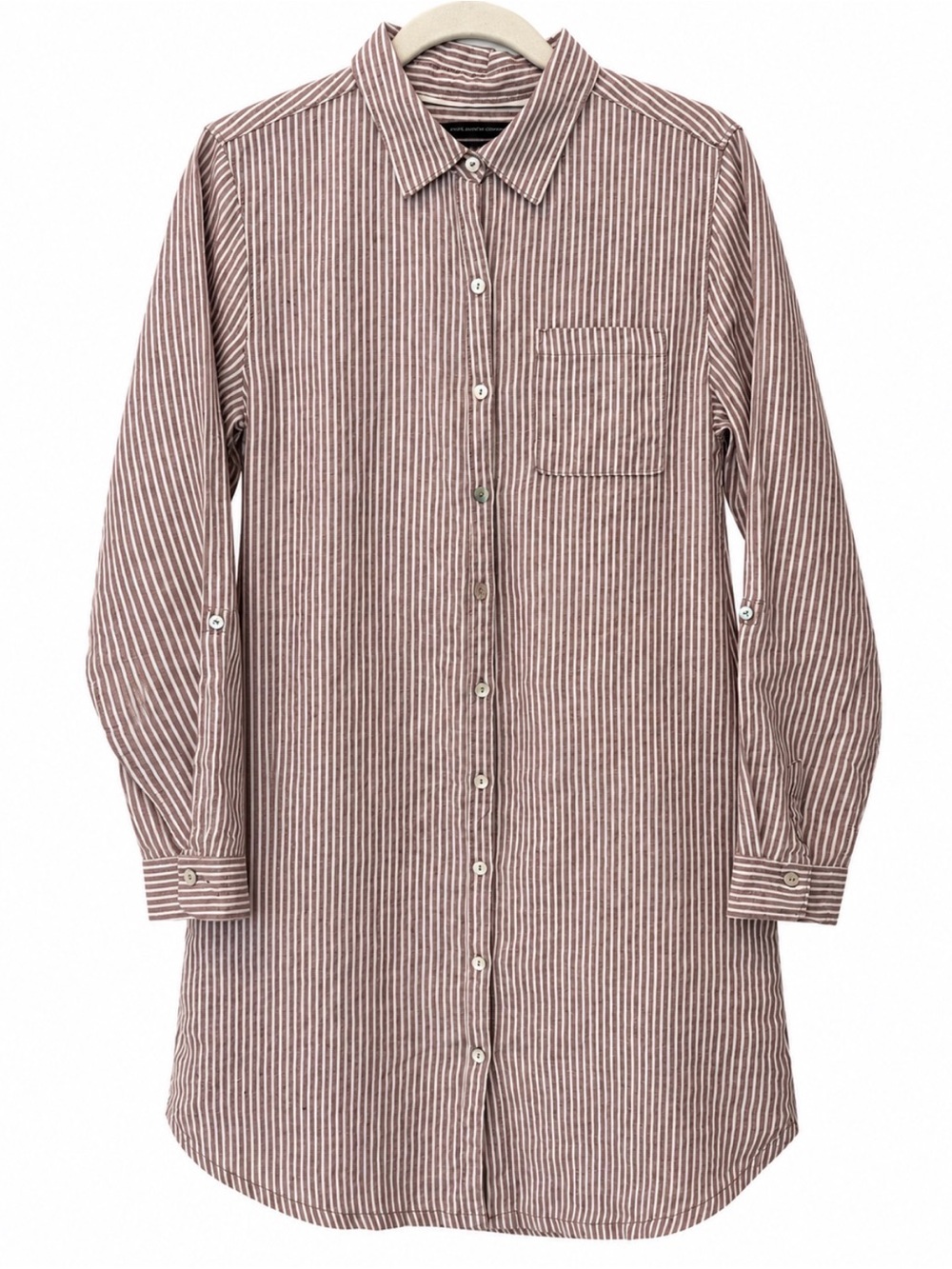 Tahari 100% Linen Striped Shirt Dress Tunic Size S Brown White Roll Tab Sleeve